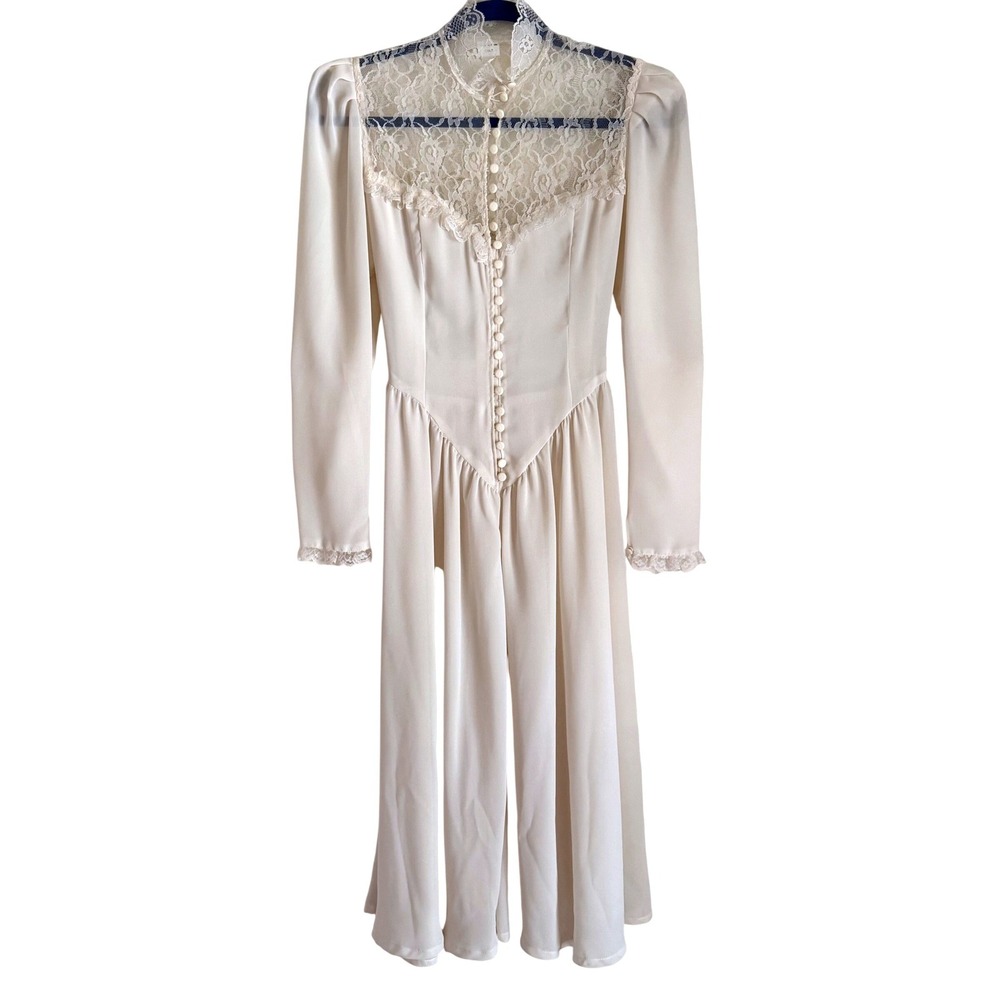 Vintage Lace Yoke Prairie Dress Cream Long Sleeve Button Front Maxi Wedding